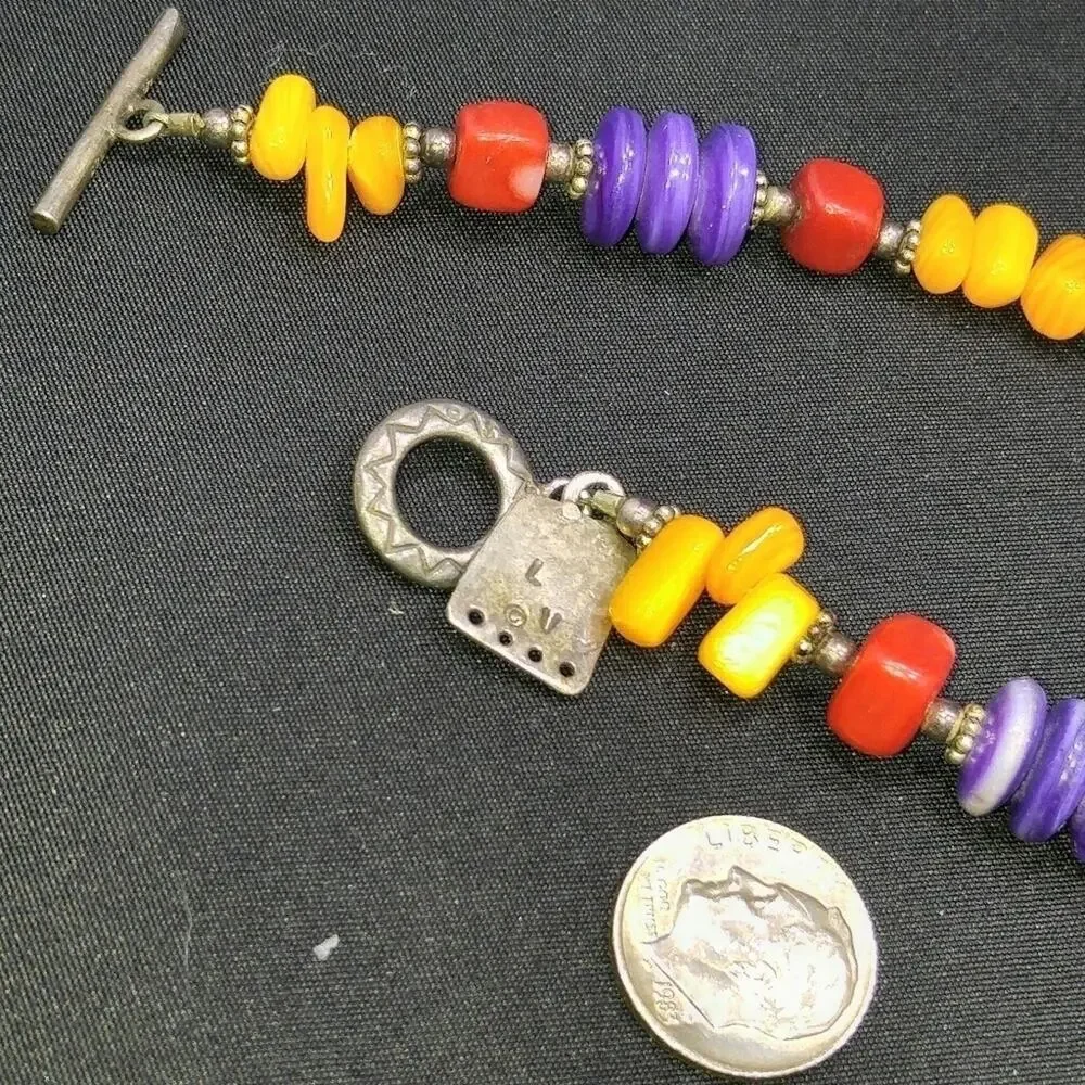 Vintage Gemstone Bracelet, Orange Purple Red Toggle Clasp, 7 3/4 Inches
